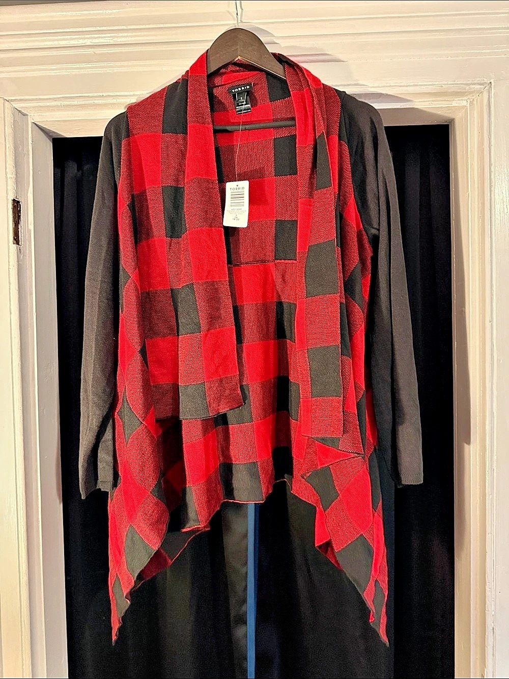 Torrid Plaid Drape Front Cardigan Red & Black 2X